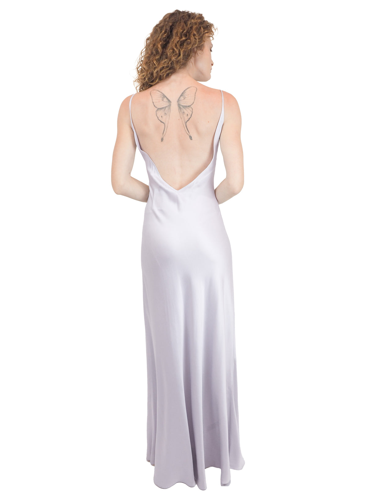 A vintage bridal light grey silver lavender purple satin silk slip dress with spaghetti straps