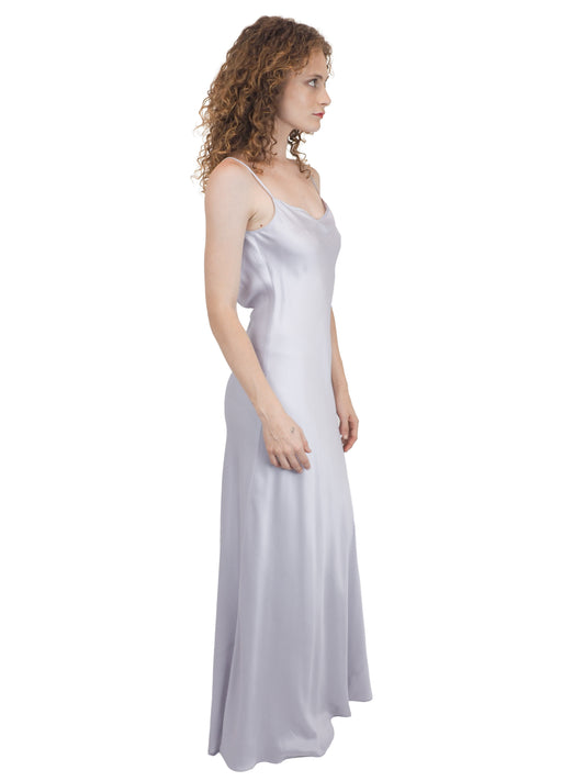 A vintage bridal light grey silver lavender purple satin silk slip dress with spaghetti straps