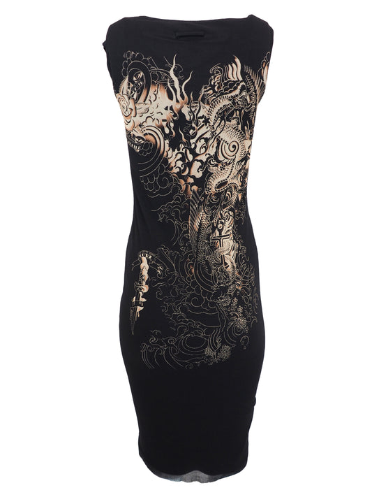 A vintage jean Paul gaultier mesh sleeveless black midi dress featuring a large beige and gold dragon graphic print on the front, with a sheer hem