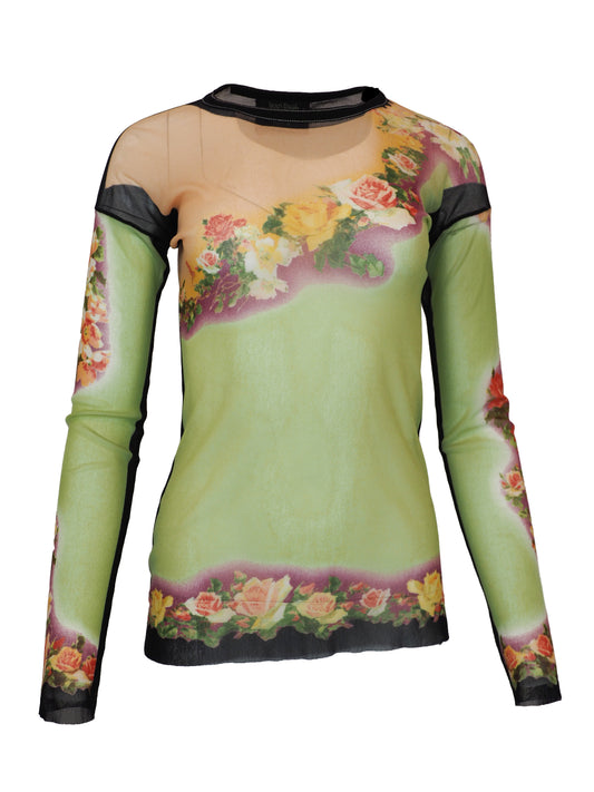 A women's jean Paul gaultier vintage long-sleeve mesh top in light green with a floral rose print border and black trim details, shown on a white background.