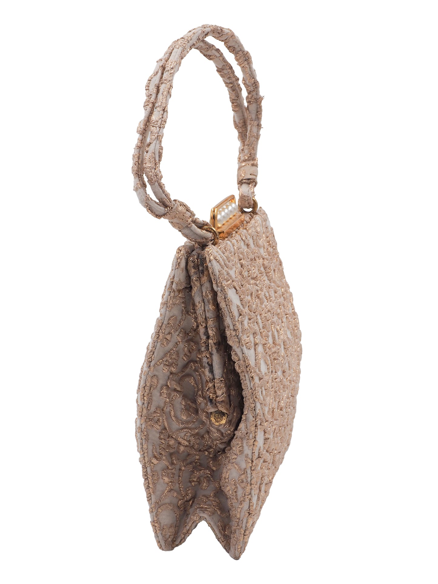A 1960s Koret vintage structured evening clutch bag in beige and gold lace, featuring a braided top handle and a gold-tone metal clasp adorned with faux pearls