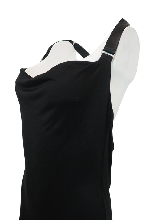 A vintage Alexander McQueen black sleeveless cowl-neck dress with double suspender shoulder straps and a crisscross back detail, shown against a plain white background.