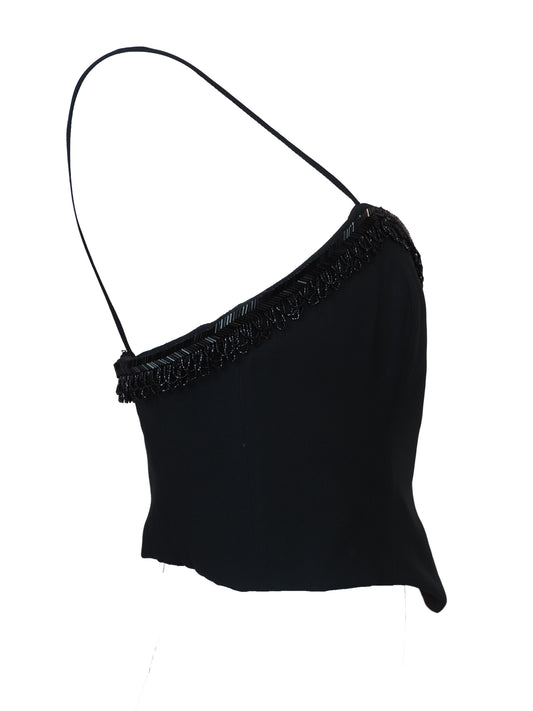 A vintage moschino black camisole top with thin spaghetti straps and a sweetheart neckline, decorated with black beaded fringe trim along the neckline