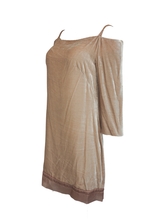 Alberta Ferreti light beige pink velvet cold-shoulder dress with three-quarter sleeves and a matching beige lace hem, shown against a plain white background.