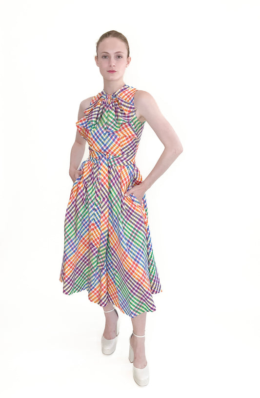 Geoffrey Beene 1970s Rainbow Plaid Dress With Bow Neckline - The Kit Vintage