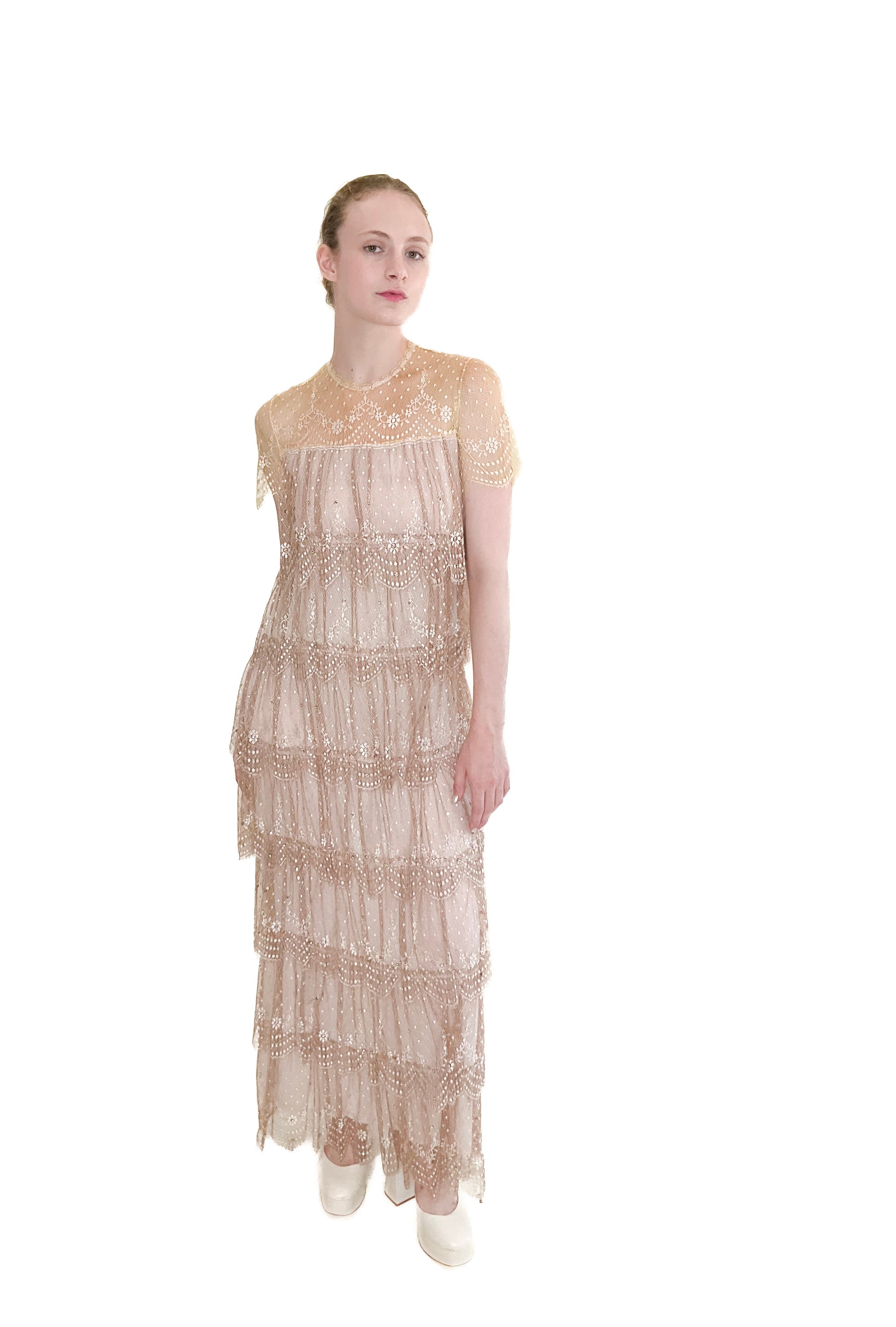 Neiman Marcus Pastel Yellow/Dusty Rose Ruffled Lace Gown with Rhinestones - The Kit Vintage