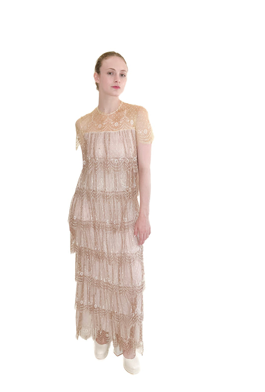 Neiman Marcus Pastel Yellow/Dusty Rose Ruffled Lace Gown with Rhinestones - The Kit Vintage