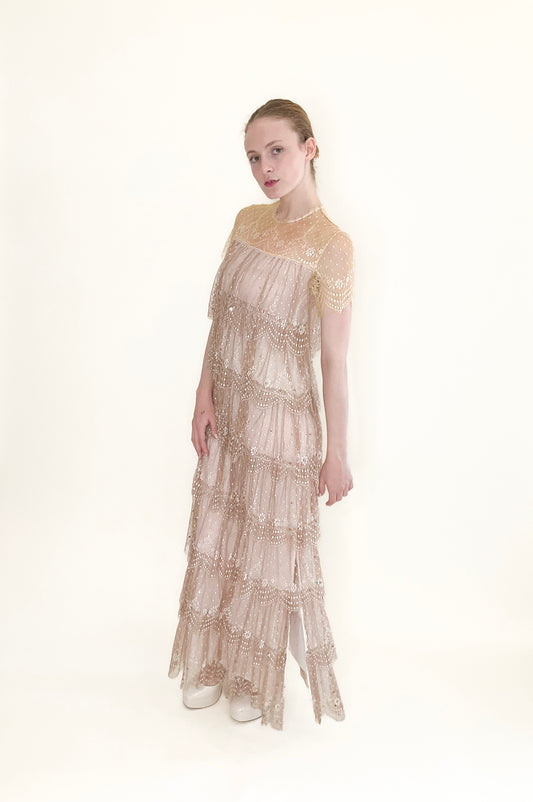 Neiman Marcus Pastel Yellow/Dusty Rose Ruffled Lace Gown with Rhinestones - The Kit Vintage