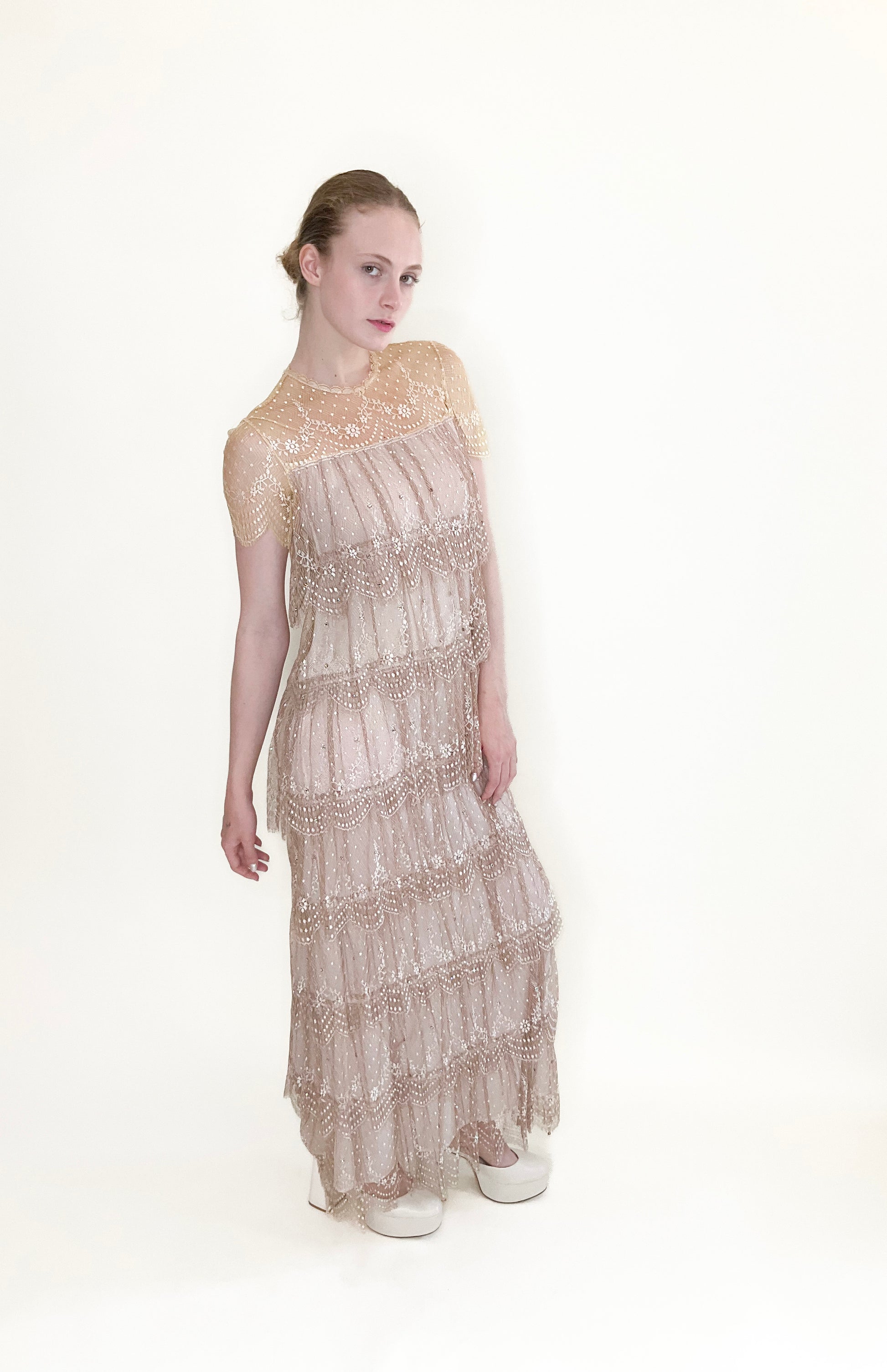 Neiman Marcus Pastel Yellow/Dusty Rose Ruffled Lace Gown with Rhinestones - The Kit Vintage