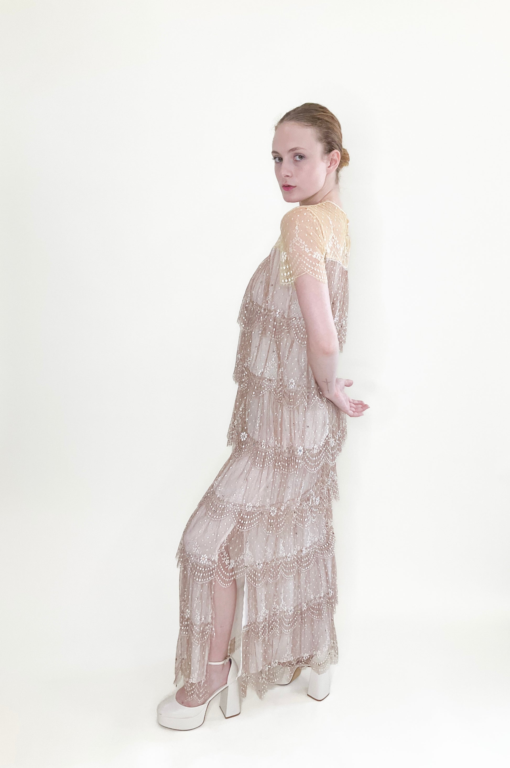 Neiman Marcus Pastel Yellow/Dusty Rose Ruffled Lace Gown with Rhinestones - The Kit Vintage