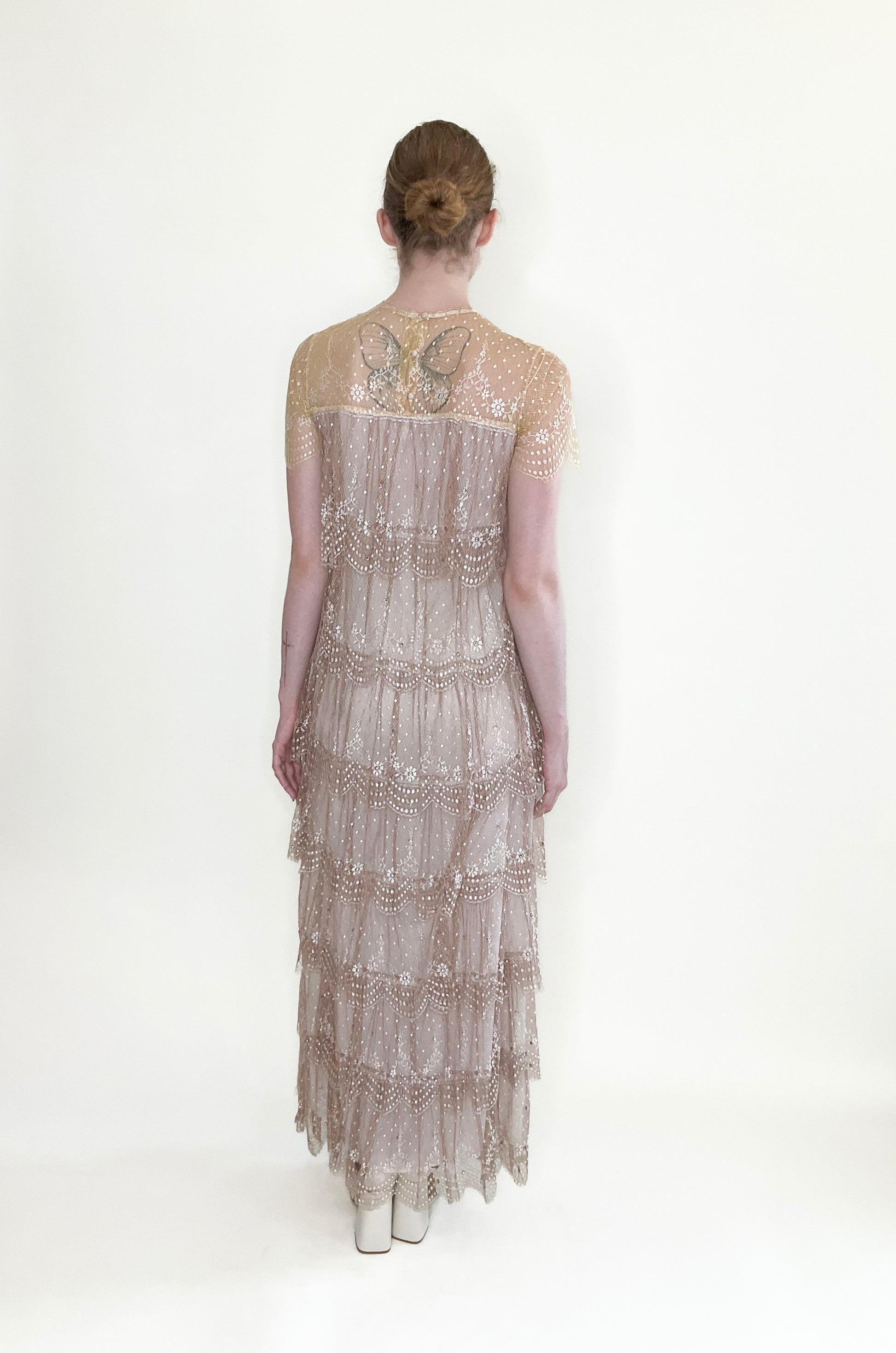 Neiman Marcus Pastel Yellow/Dusty Rose Ruffled Lace Gown with Rhinestones - The Kit Vintage