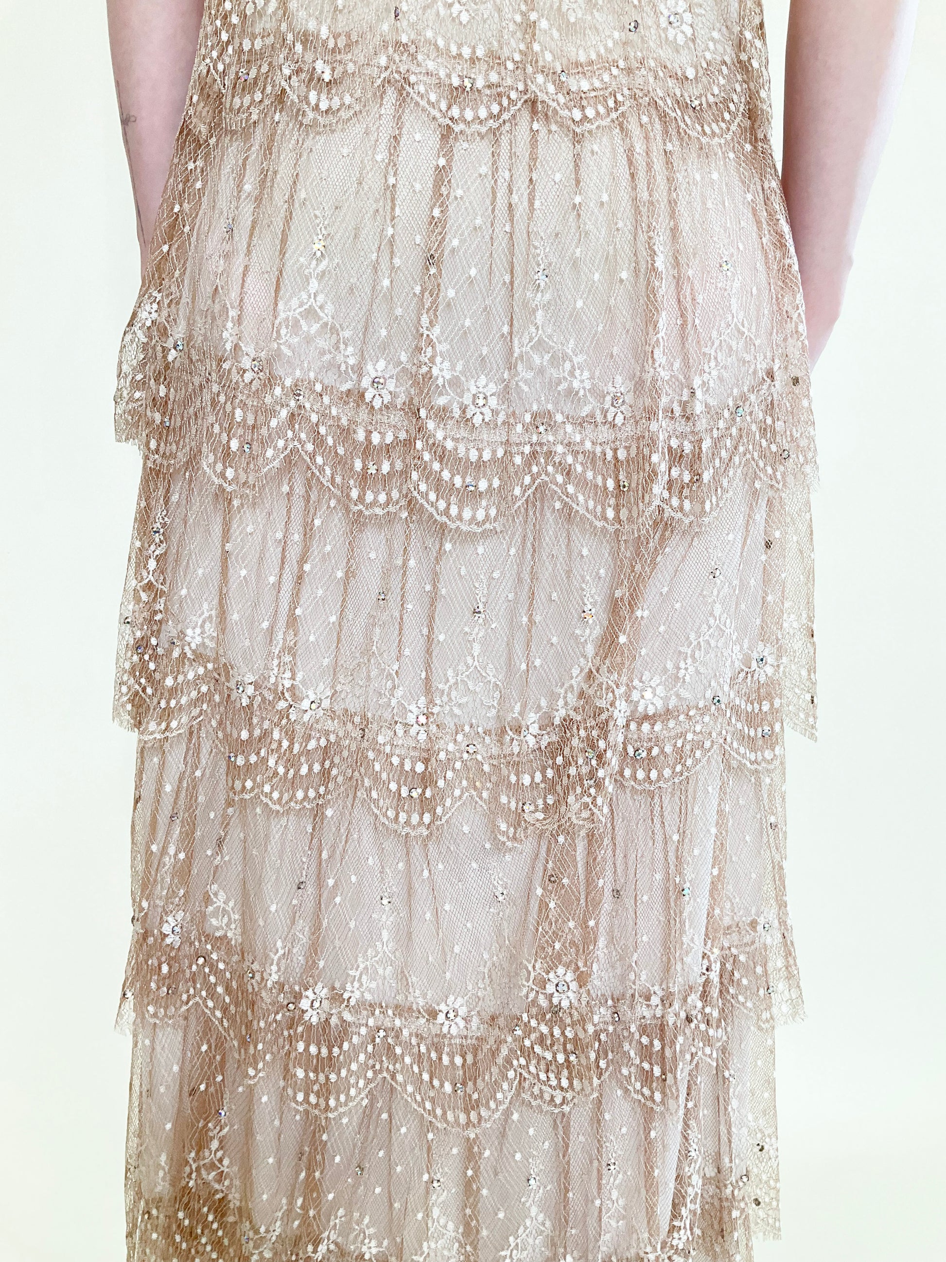 Neiman Marcus Pastel Yellow/Dusty Rose Ruffled Lace Gown with Rhinestones - The Kit Vintage