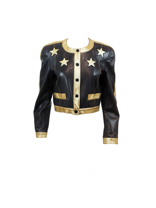S/S 1991 Escada Black Moto Jacket With Gold Trim & Stars