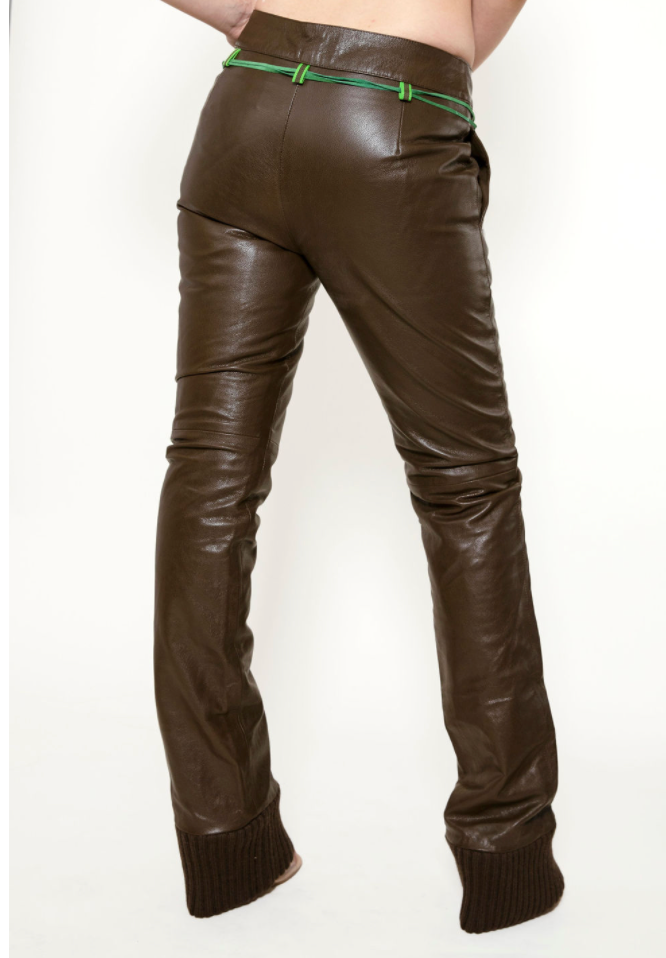 Miu Miu Brown Leather Pants with Ribbed Cuff - The Kit Vintage