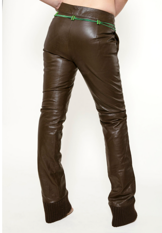 Miu Miu Brown Leather Pants with Ribbed Cuff - The Kit Vintage