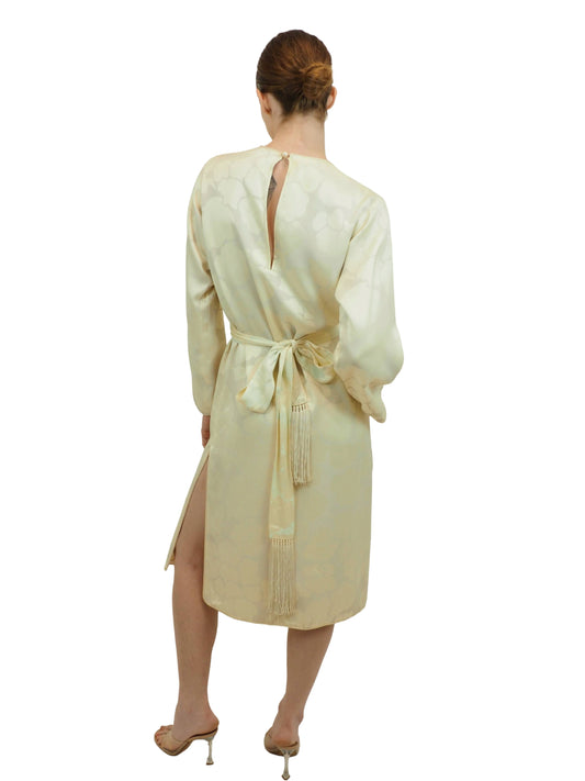 Yves Saint Laurent 1970's White Jacquard Dress with Fringe Belt