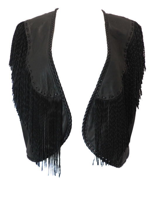 Black fringed vest on a white background