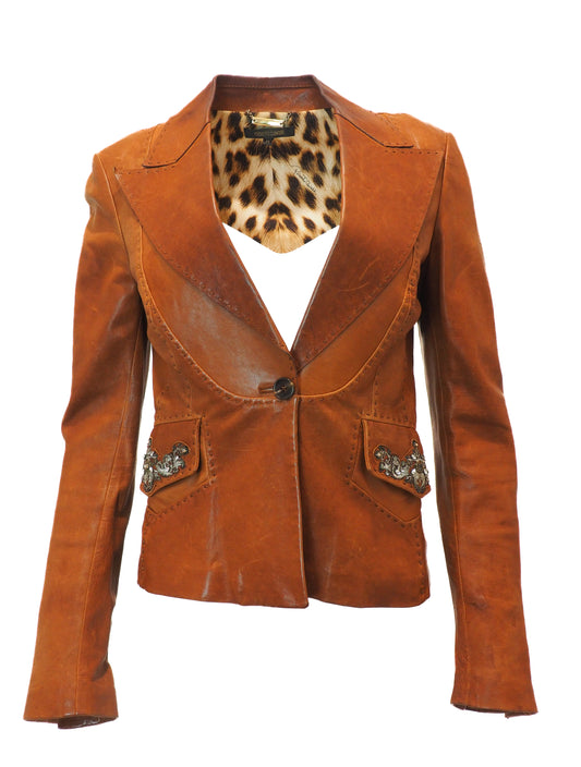 Brown blazer with decorative buttons on a white background