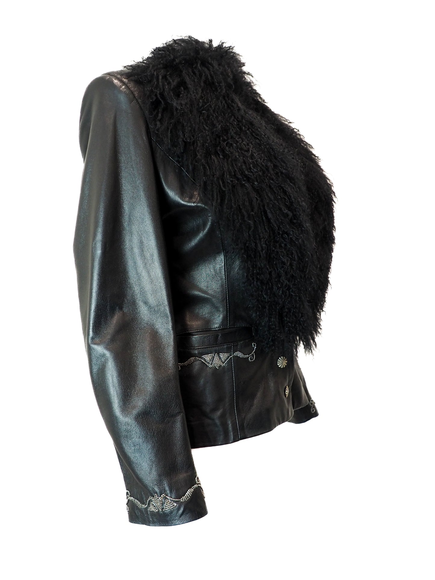Black leather jacket with fur collar on a white background