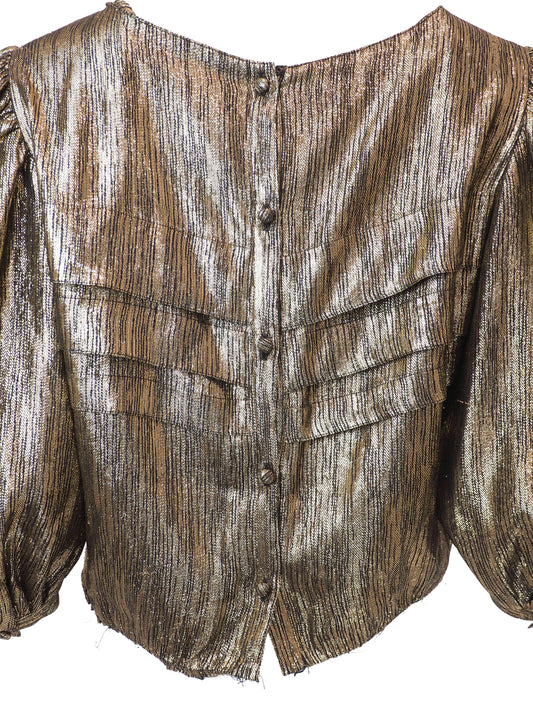 A vintage Albert Nipon metallic bronze cropped blouse with puffed short sleeves and a textured, pleated fabric finish