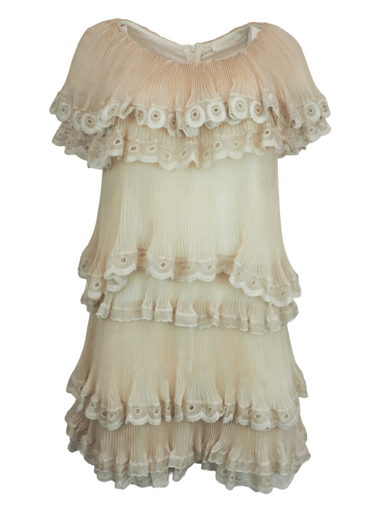 A vintage Chloe runway cream-colored tiered lace dress with ruffled eyelet trim and off-the-shoulder sleeves