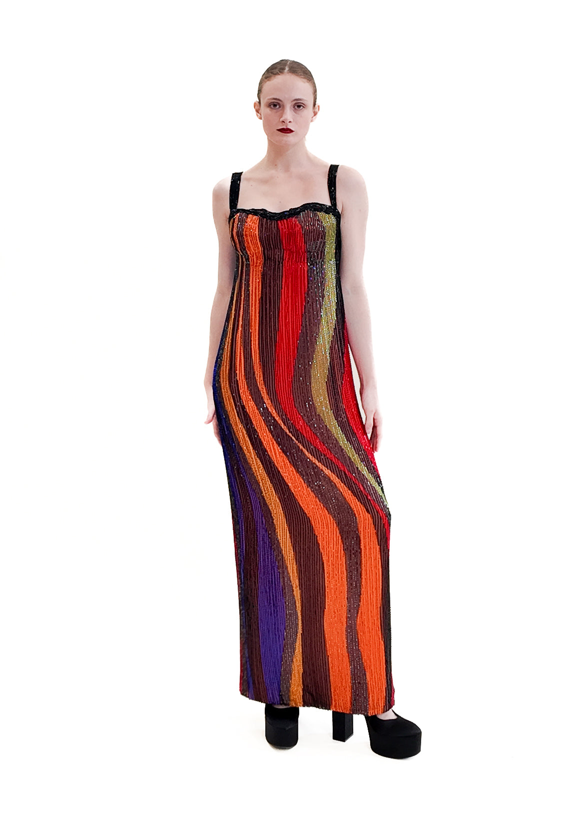 rainbow beaded dress Multicolor Beaded Fitted V-Neck Gown by Tiffany Designs 16225 28 / Rainbow Multi