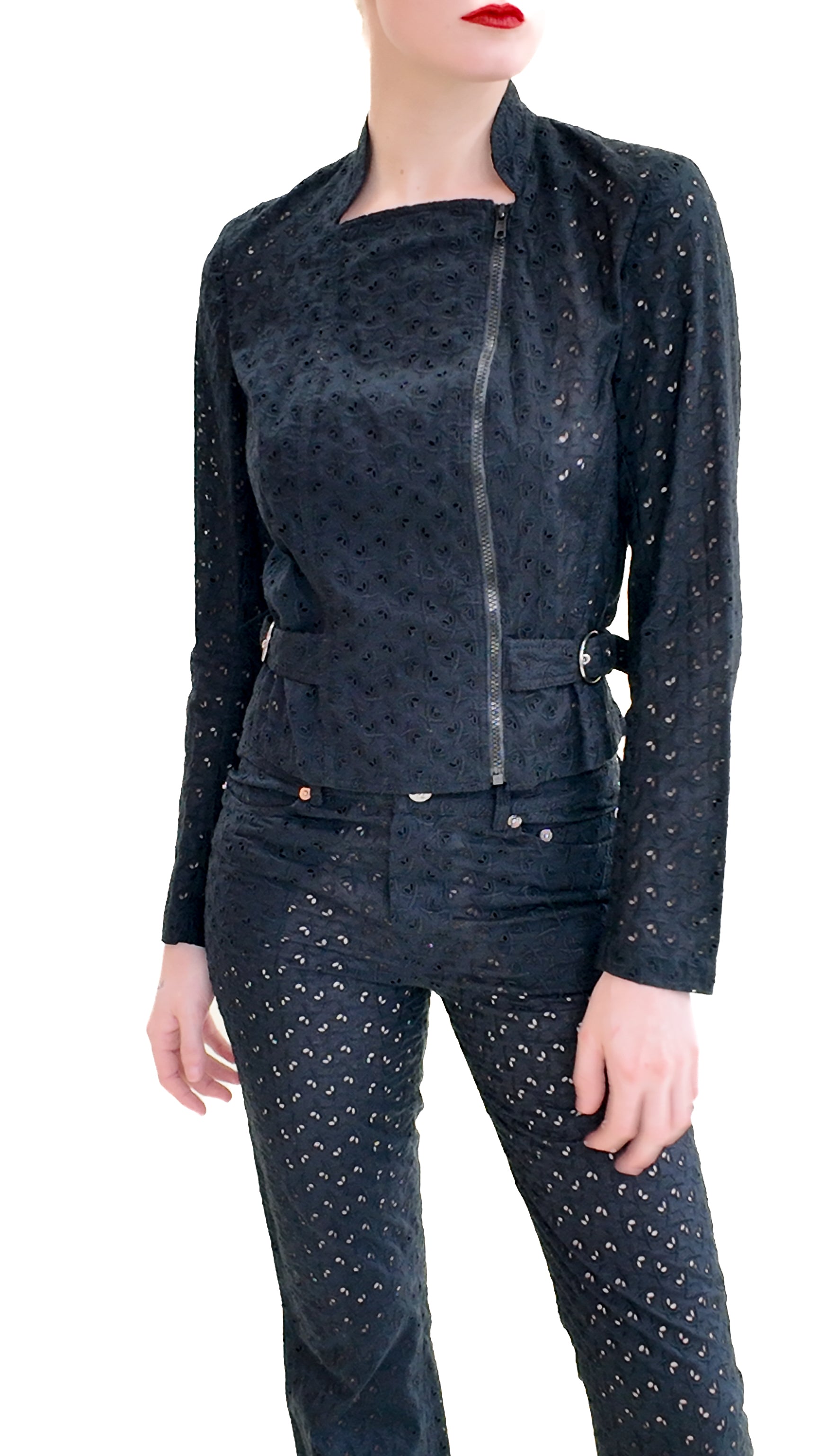 John Galliano Spring 2002 Black Eyelet Pants and Jacket Set - The Kit Vintage