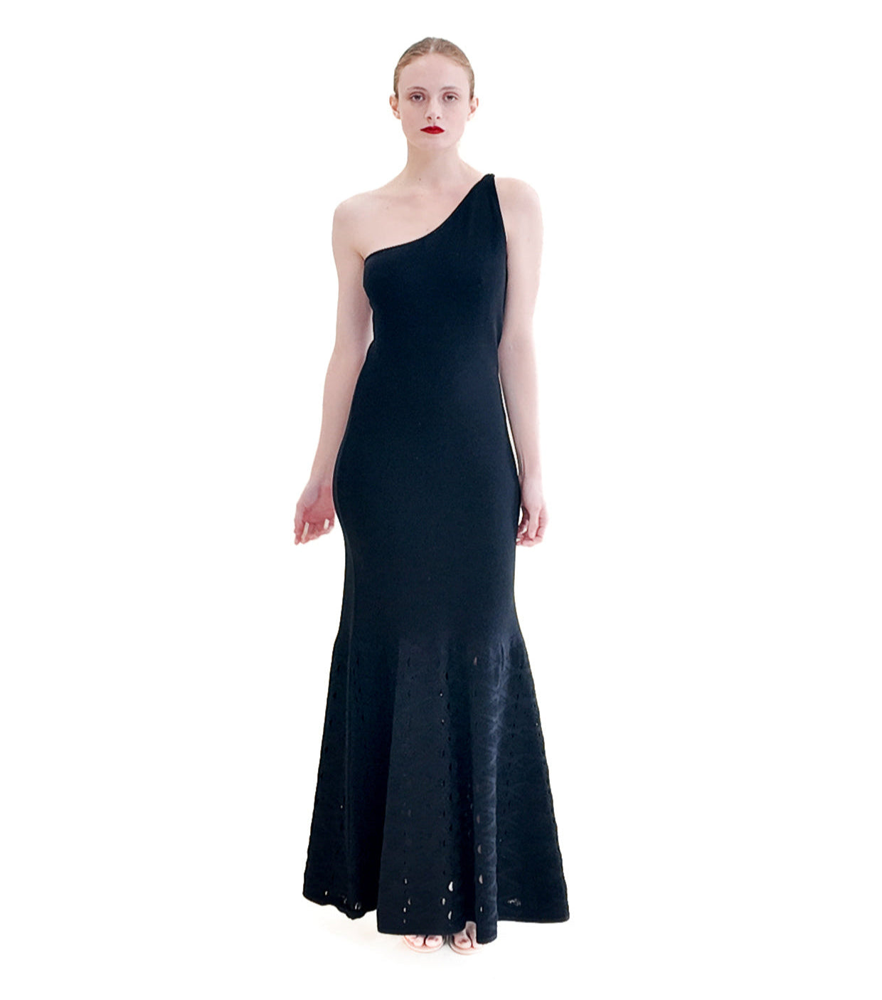 Chanel by Karl Lagerfeld Spring 2012 Black Knit One Shoulder Gown with Knit Cutout Detail Chanel by Karl Lagerfeld Spring 2012 Black Knit One Shoulder Gown with Knit Cutout Detail