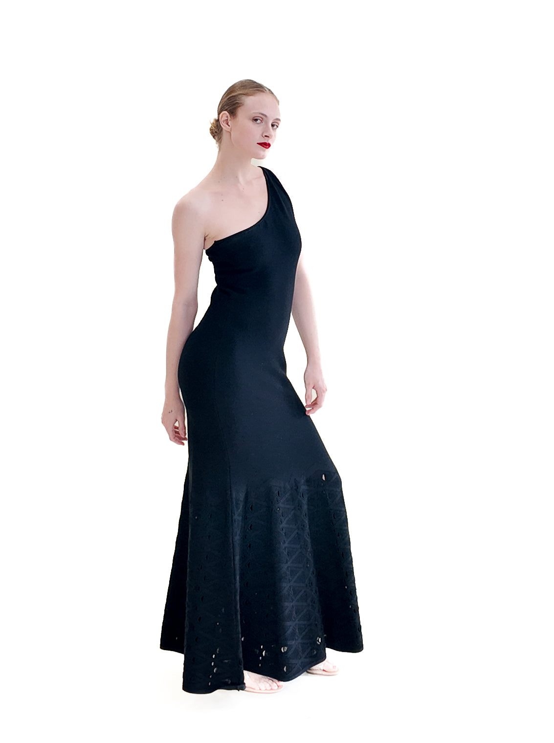 Chanel by Karl Lagerfeld Spring 2012 Black Knit One Shoulder Gown with Knit Cutout Detail - The Kit Vintage
