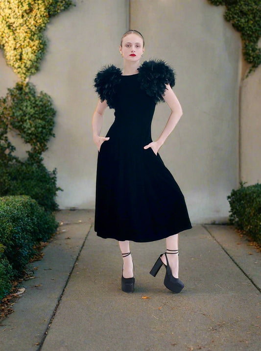 Vintage Black Velvet Dress with Feather Shoulders - The Kit Vintage