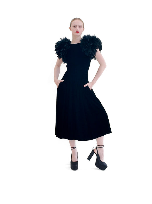 Vintage Black Velvet Dress with Feather Shoulders - The Kit Vintage