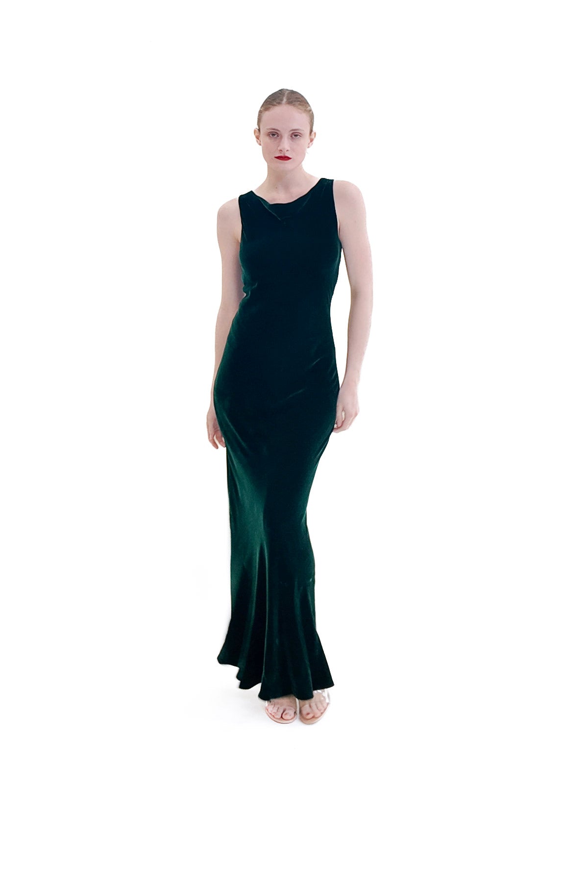Norma Kamali Long Green Velvet Bias Cut Dress Norma Kamali Long Green Velvet Bias Cut Dress