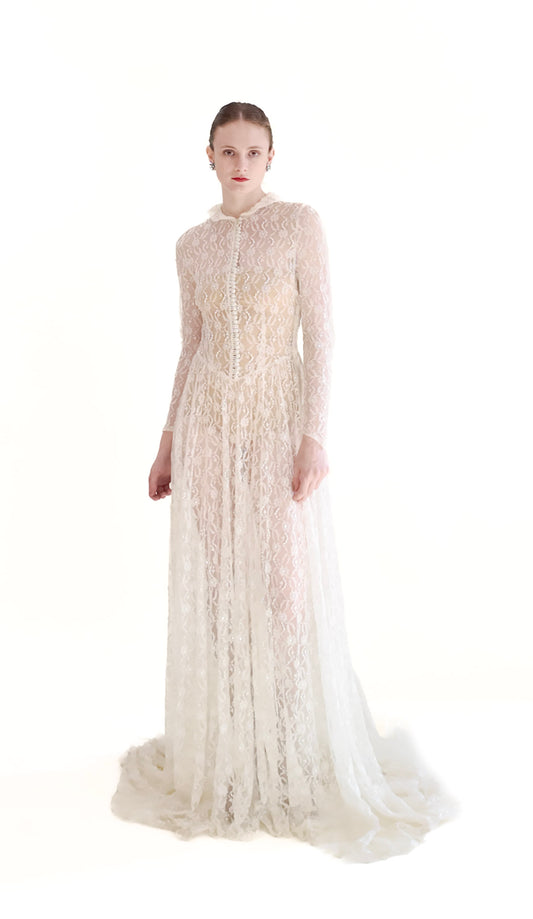 1958 Long Sleeve Button Front Collared Lace Wedding Gown with Train - The Kit Vintage