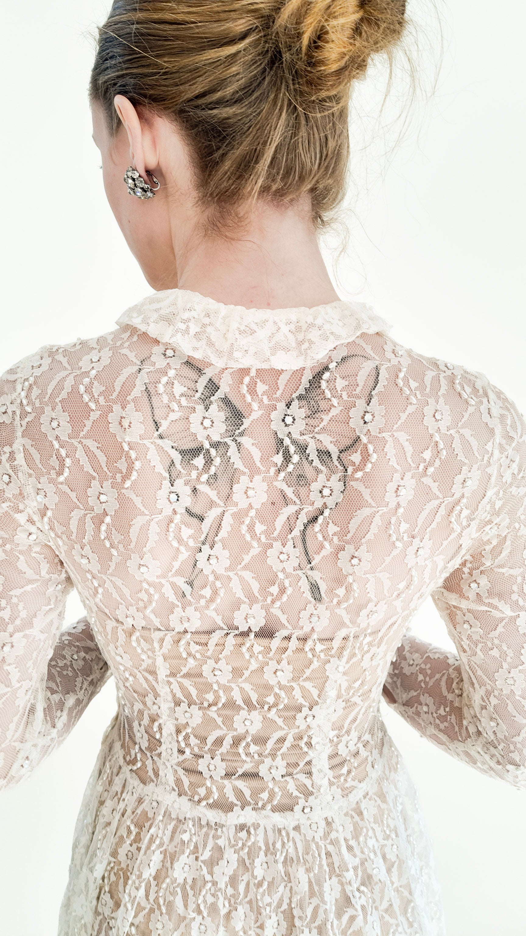 1958 Long Sleeve Button Front Collared Lace Wedding Gown with Train - The Kit Vintage