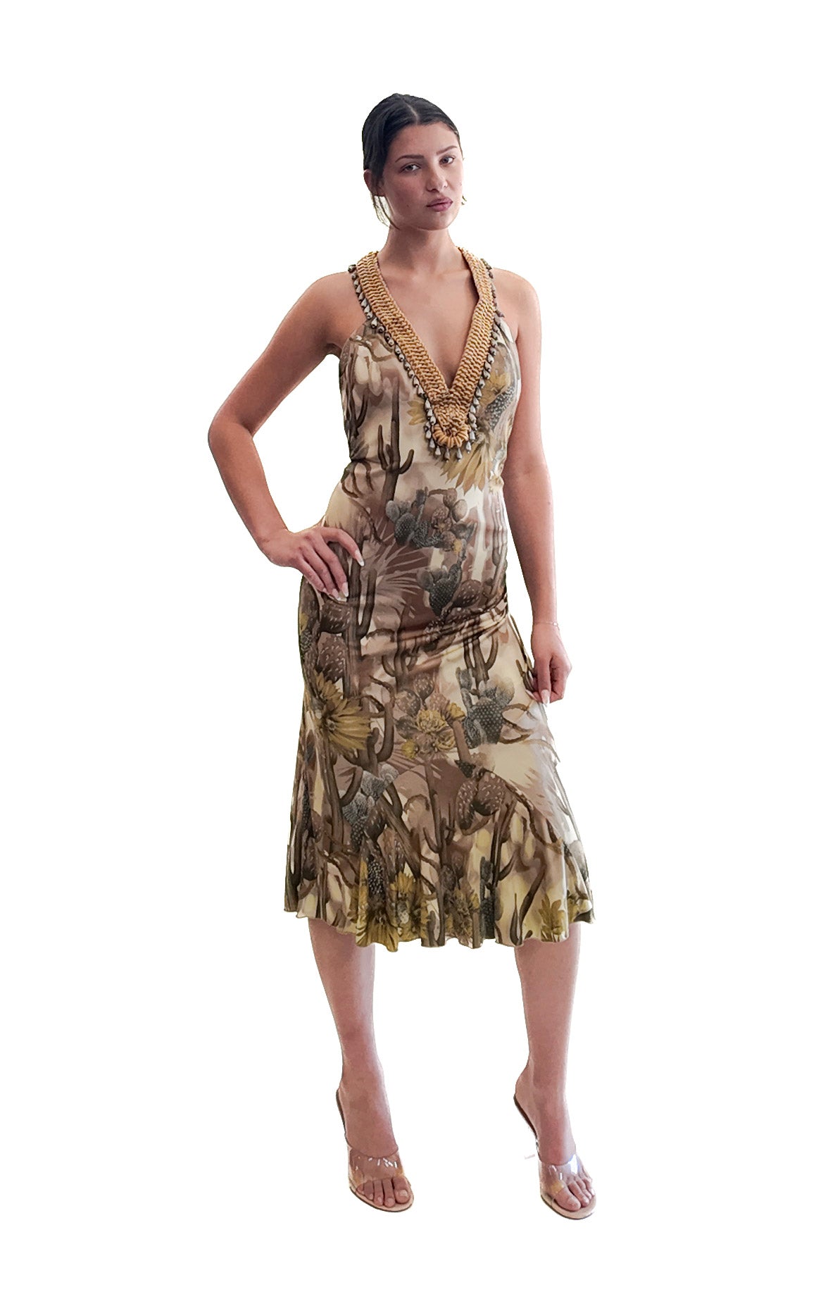 Versace S/S 2006 Desert Print Gold Trim Tea length dress The Kit Vintage Versace S/S 2006 Desert Print Gold Trim Tea length dress The Kit Vintage