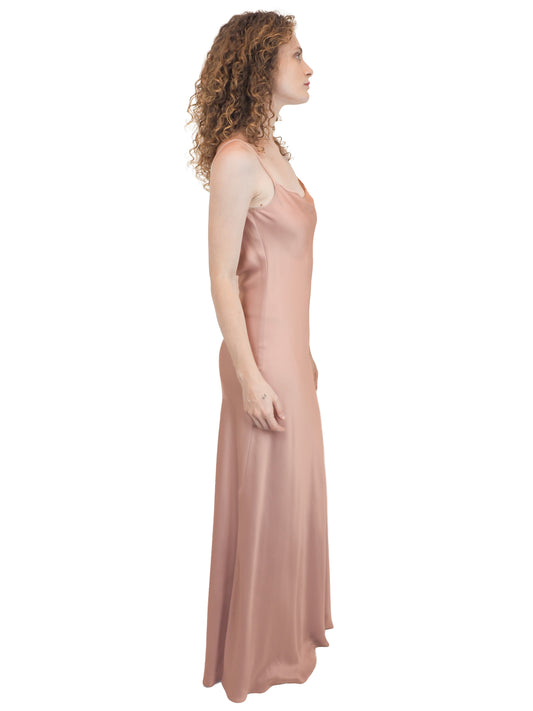 a vintage bridal floor-length, satin silk slip gown in a dusty rose pink color