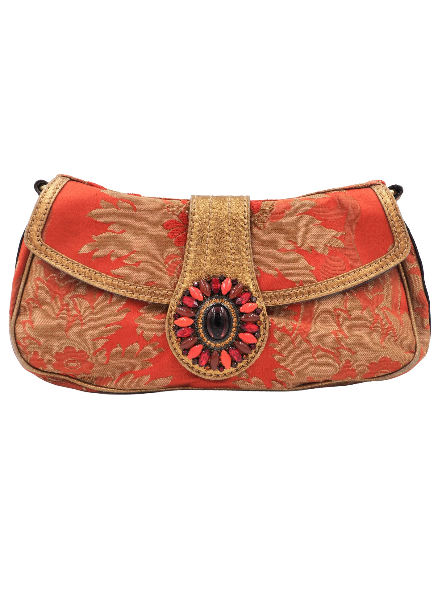 A vintage etro small shoulder bag with a red and gold floral jacquard pattern, featuring a gold-tone chain strap and a decorative red and gold clasp