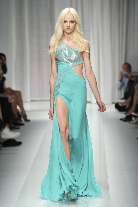 Versace Documented Runway Spring 2010 Aqua Metal Studded One Shoulder Gown - The Kit Vintage