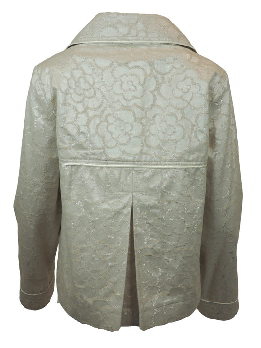 A vintage John galliano 2010 cropped double-breasted jacket in a white light beige jacquard fabric with a subtle floral pattern, featuring notched lapels and four brown buttons