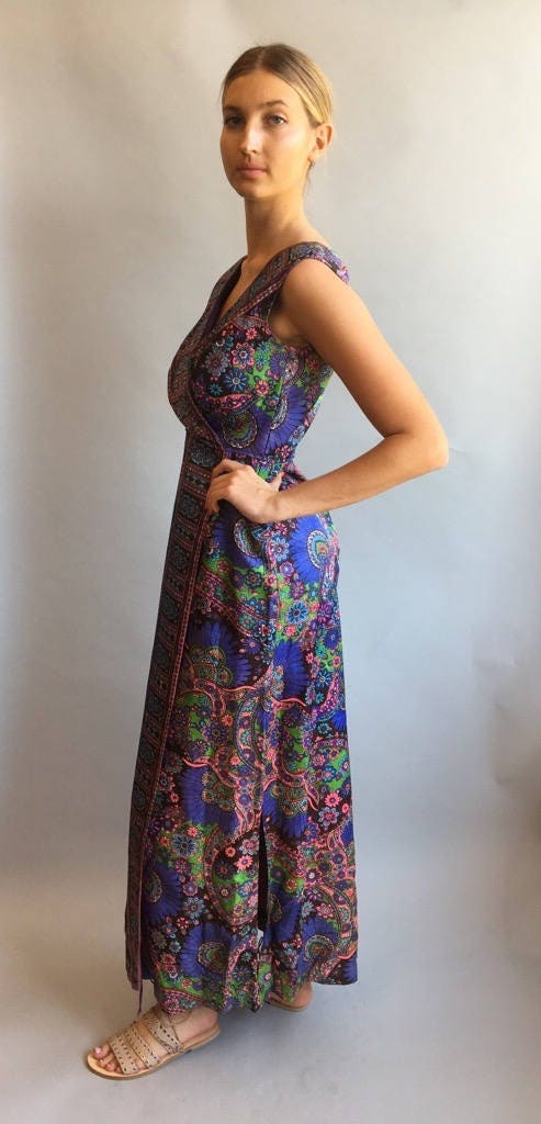 Vintage 1960s Purple Printed Maxi Dress - The Kit Vintage