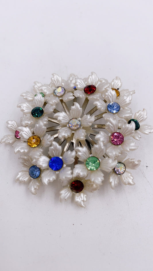 Vintage White Floral Bouquet Clip Rhinestone Earrings - The Kit Vintage