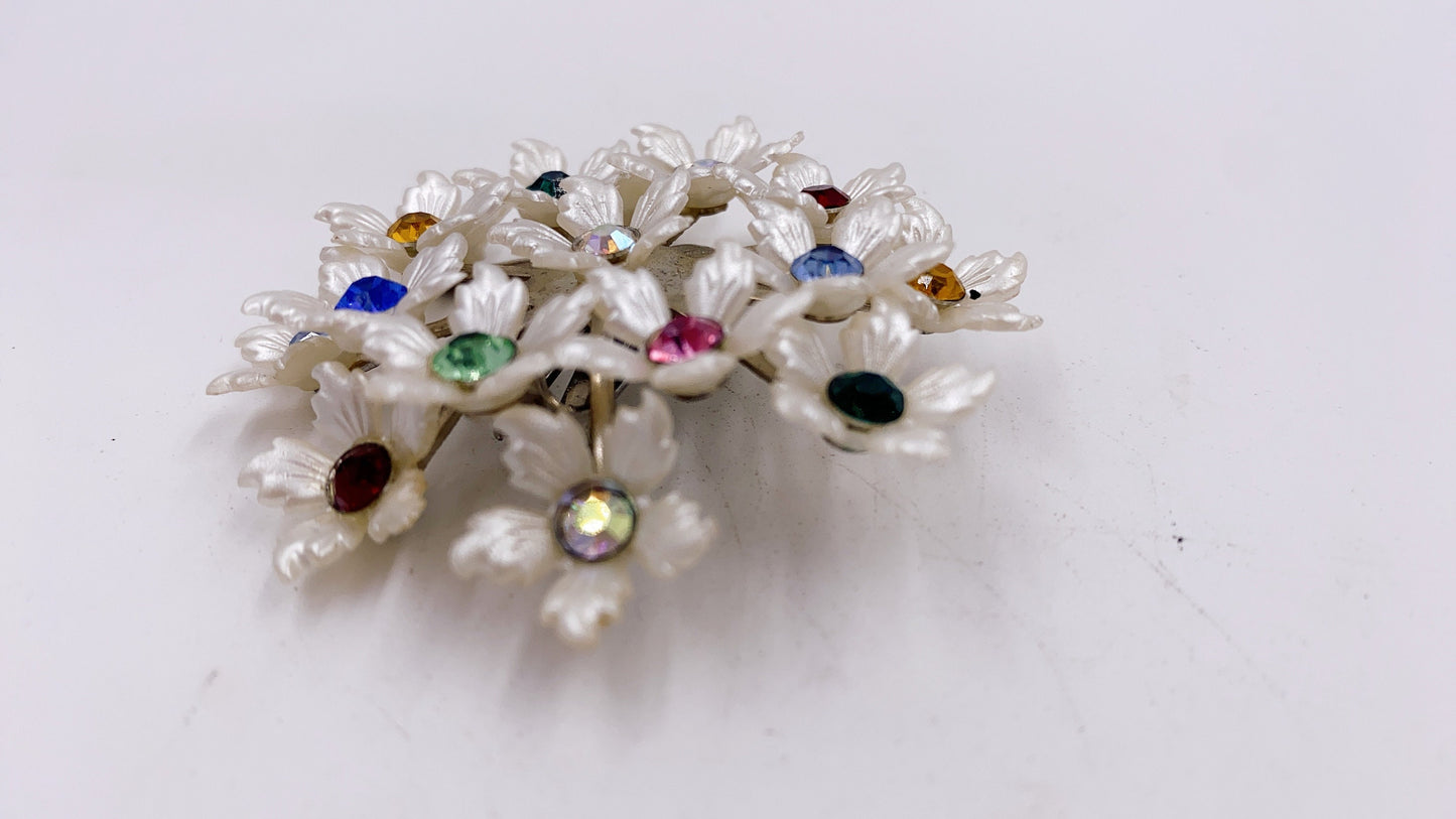 Vintage White Floral Bouquet Clip Rhinestone Earrings - The Kit Vintage