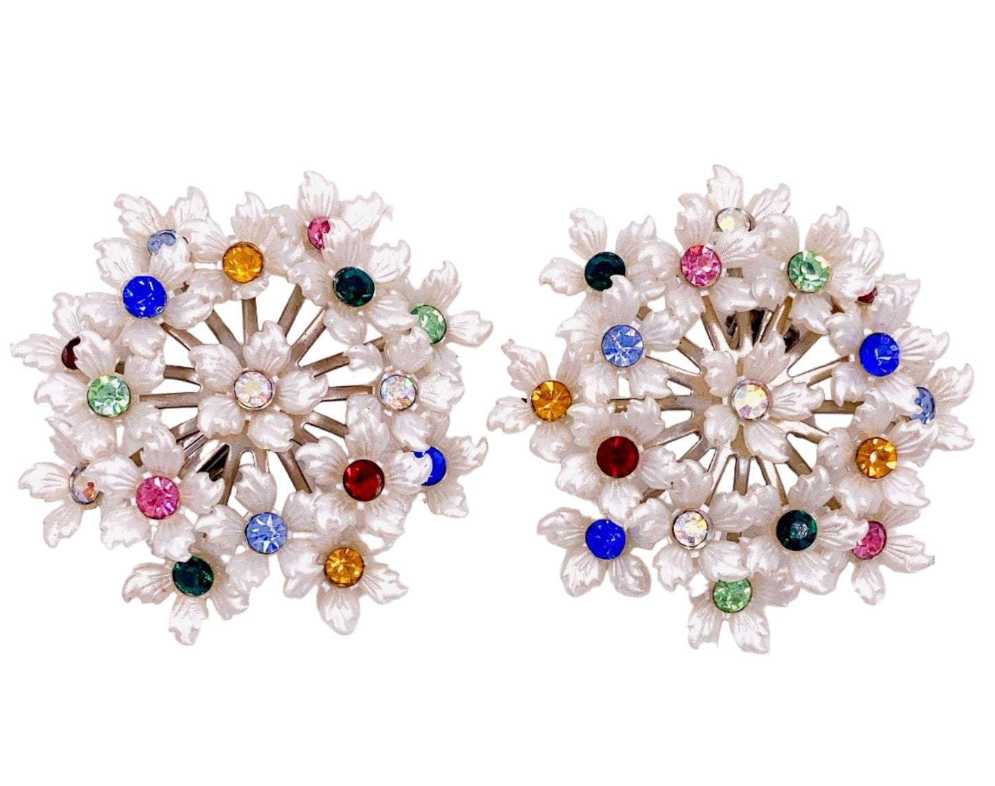 Vintage White Floral Bouquet Clip Rhinestone Earrings - The Kit Vintage