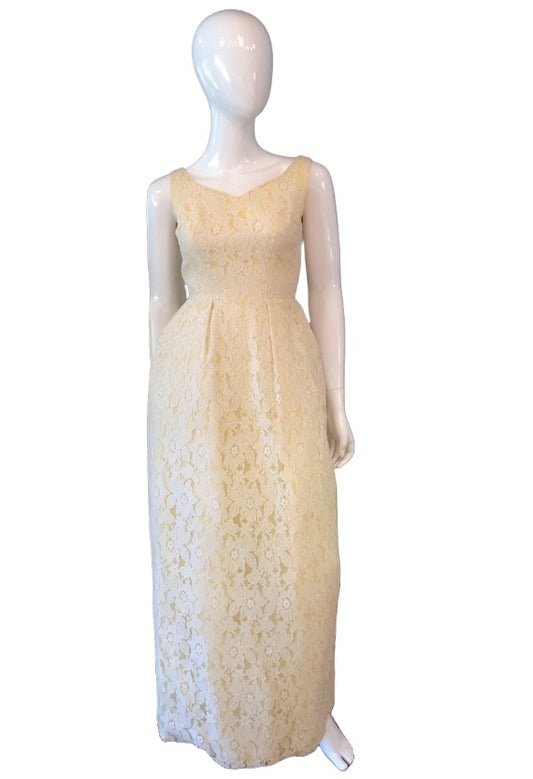 Vintage 1960's Yellow and White Lace and Tulle Evening Gown/ Wedding Dress