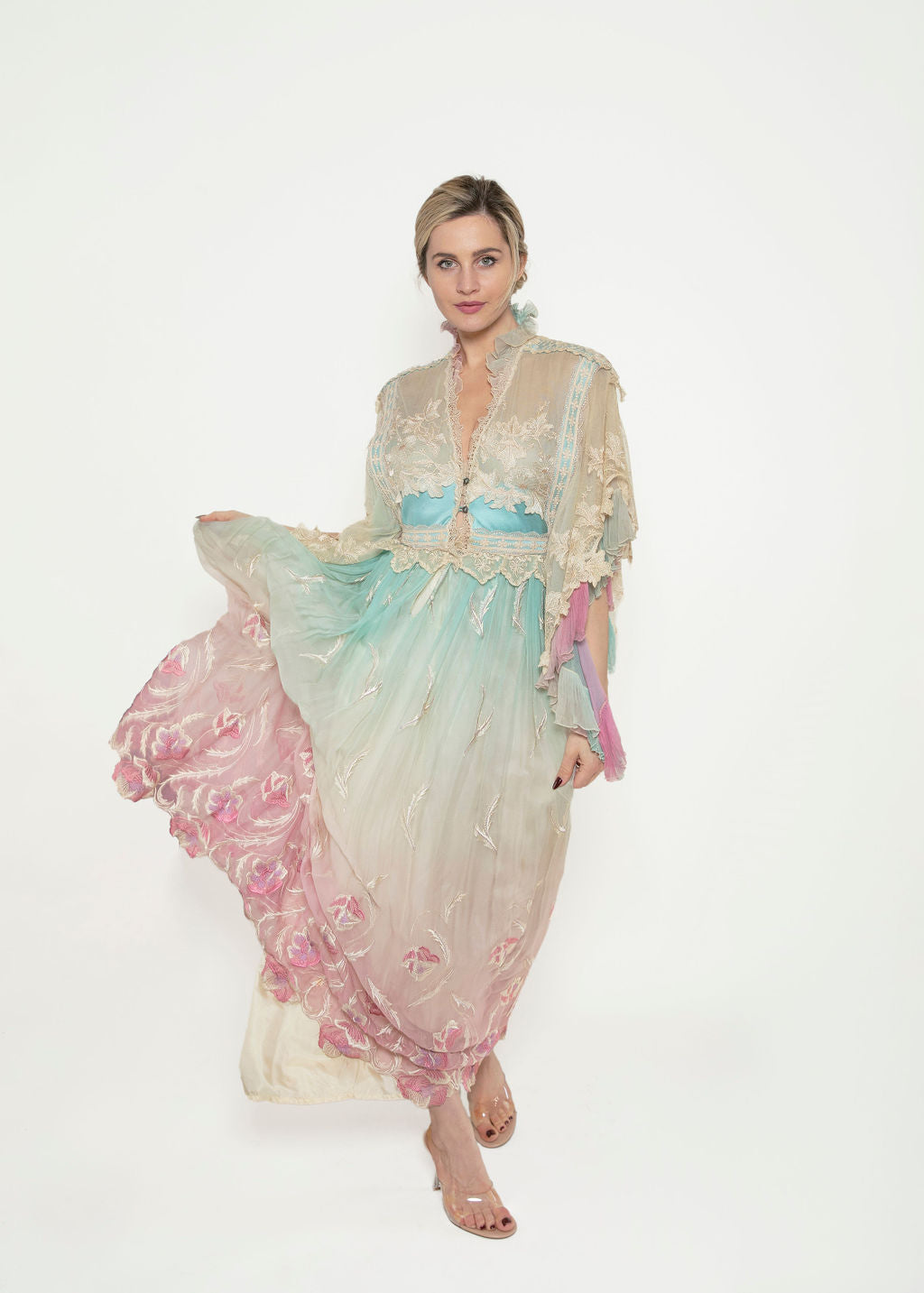 1970's Saks Fifth Ave Angel Sleeve Embroidered Dress