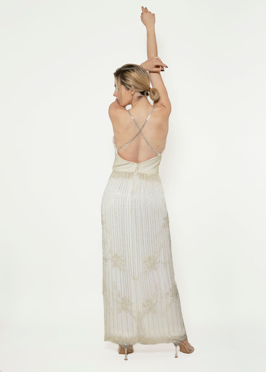 1970's White w/ Silver Beaded Halter Dress