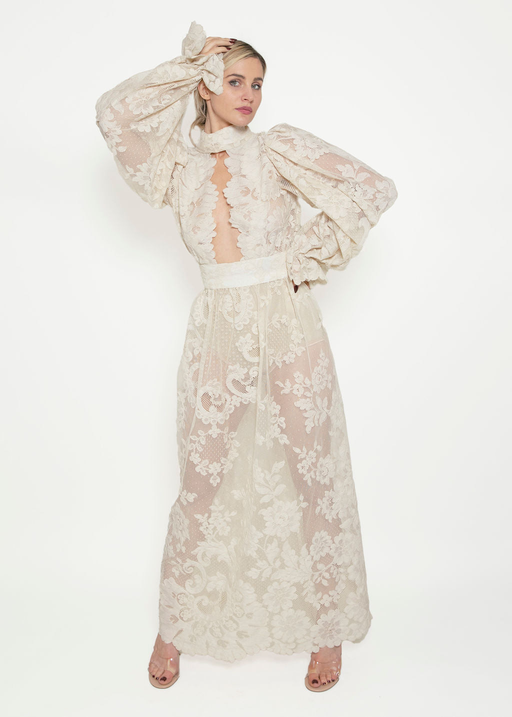 1970's White Lace Gown W Plunging Neck & Open Back