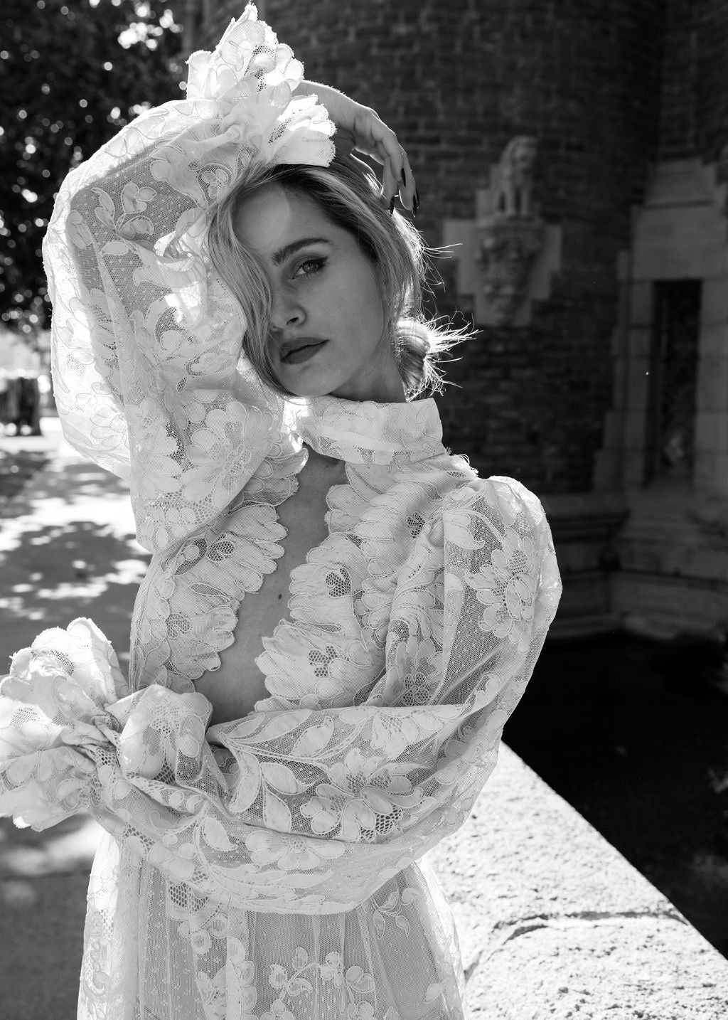 1970's White Lace Gown W Plunging Neck & Open Back