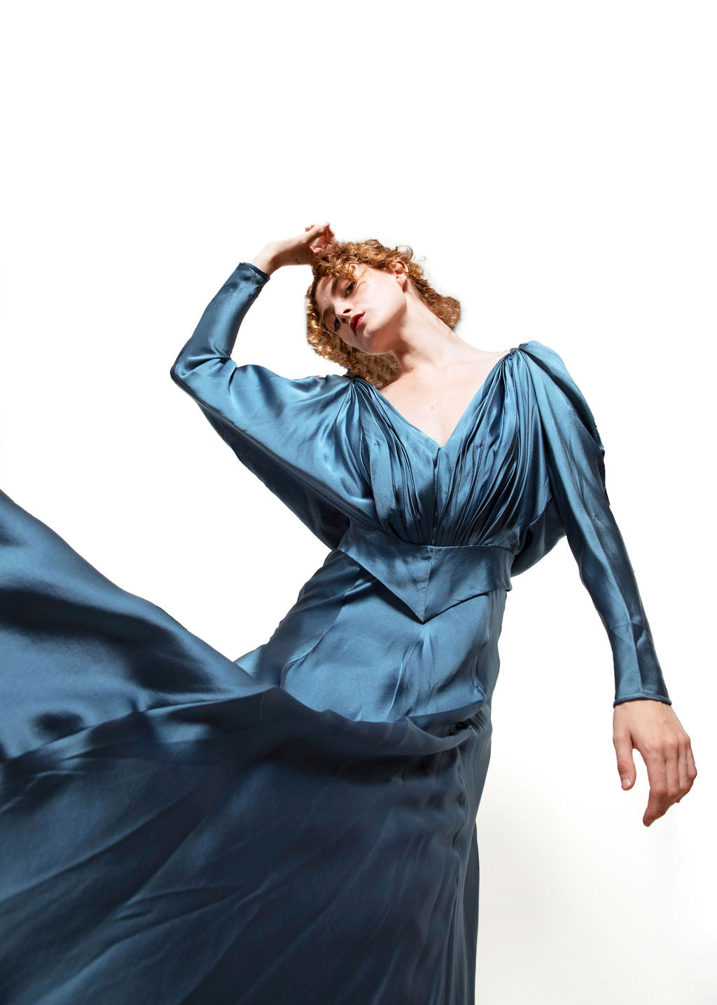 Blue Silk Gown with Back Rosettes