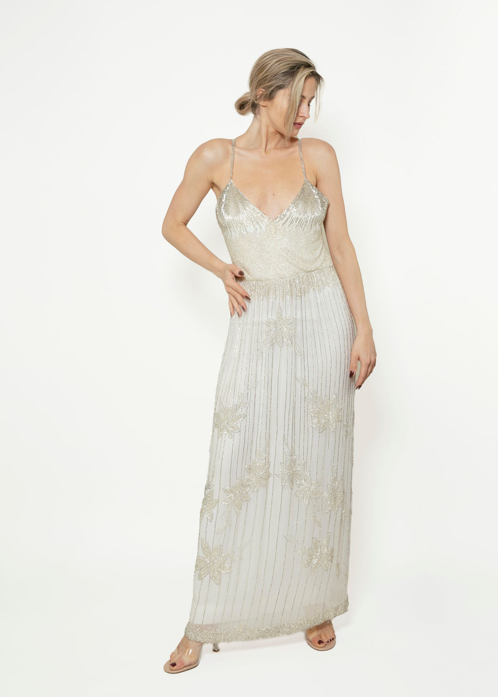 1970's White w/ Silver Beaded Halter Dress